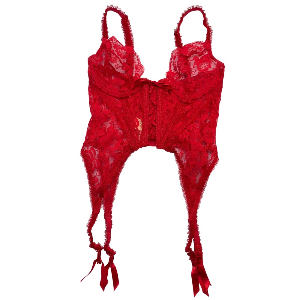 VTG Victorias Secret Jezebel Renee of Hollywood NWT Red Lace Corset Top 34 S 80s